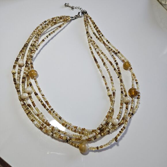 *Sale* Seed Bead Necklace Multi Strand Tone Glass Bohemian Neutral 18-20.5" - Picture 12 of 12